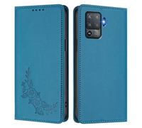 Peony Flower Embossed Leather Wallet Phone Case for OPPO F19 Pro/A94 4G domestic/Reno 5F/Reno 5 Lite-Flip Folio Cover with Card Holder,Kickstand & Magnetic Closure,Shockproof Case.Lake Blue