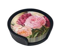Peony Flowers Blossom Coasters For Drinks, 6 Pcs Leather Coaster With Holder, Round Cup Mat Pad Set For Home Office Table Decoration