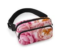 Peony Flowers Blossom Fanny Packs with Zipper, Personalized Waist Bags with Multiple Pockets, Adjustable Sling Bag for Travel, Waterproof Belt Bag, Crossbody Bags