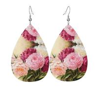 Peony Flowers Blossom Ladies Leather Earrings Teardrop Drop Print Earrings Fashion Lightweight Daily Wear Party Date