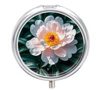 Peony Flowers Blossom Metal Pill Organizer, 3 Compartment Waterproof Pill Case with Mirror for Purse Pocket Bag, Daily Medicine Vitamin Holder, Portable Travel Med Container(Round)