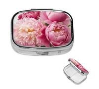 Peony Flowers Blossom Pill Box 2 Compartment Medicine Pill Organizer Square Pill Case for Purse & Pocket Travel Pillbox Portable Metal Medicine Vitamin Fish Oil Organizer Unique Gift