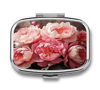 Peony Flowers Blossom Pill Box 2 Compartment Small Square Pills Case Portable for Pocket Pill Organizer Travel Metal Pill Holder for Office Home Vitamin Medicine Fish Oil