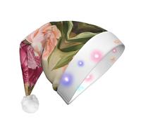 Peony Flowers Blossom Print Santa Hat With Led Lights, Funny Christmas Hats For Adults For New Year Holiday Party Supplies