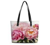 Peony Flowers Blossom Tote Bag Large Soft Leather Purse with Zipper Lightweight Ladies Shoulder Handbag