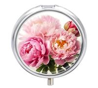 Peony Flowers Blossom Travel Pill Box Case 3 Compartment Cute Pill Organizer Metal Pill Holder with Mirror Small Medicine Organizer Daily Pill Container for Purse Pocket Portable Meds Box