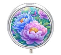 Peony Flowers Butterfly Pill Organizer Round Pill Box Travel Pill Case Medicine Organizer for Pocket Purse