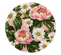 Peony Flowers Daisies Green Leaves Pink Background Small Round Mouse Pad, Anti-Slip Rubber Computer Mousepad for Office Home Gaming Laptop, 10 x 10 Inch