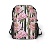 Peony Flowers Gold Chains Stripe Gym Bag with Shoe Compartment 30L Backpack