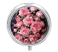 Peony Flowers Metal Pill Organizer, 3 Compartment Waterproof Pill Case with Mirror for Purse Pocket Bag, Daily Medicine Vitamin Holder, Portable Travel Med Container(Round)