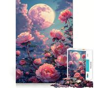 Peony Flowers Night Moon Jigsaw Puzzle 1000 Piece for Teenagers Brain Workout Toy Serene Time Art Assembly Seasonal Gift (38x52cm)