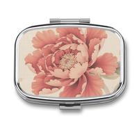 Peony Flowers Pill Box - 2 Compartment Travel Pill Organizer with Small Mirror, Portable Pillcase for Pocket & Purse, Cute Square Medicine Case, Weekly Medicine Container