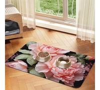 Peony Flowers Rose Pet Feeding Mat Absorbent Pu Leather Dog Cat Food Mats Contain Spills Protects Floors, Anti-Slip Rubber Backing Dog Bowl Mats Easy Clean Pet Placemats 30x45cm