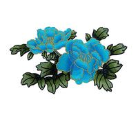 Peony Flowers with Dark Green Leaves Embroidered Appliques Sew Iron on Patches-Blue