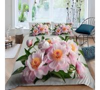 Peony King Size Duvet Cover Sets 3D Pastoral Style Bedding Set Soft Breathable Microfibre Double Quilt Cover 220x230 cm with Zipper and 2 Pillowcases for Teens Adults E-2541
