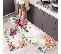 Peony Kitchen Rug Set, 2 Pieces Non Slip and Anti Fatigue Retro Flowers Kitchen Mat Set, Washable Floor Mat, Coral Standing Mats for Hallway Bedroom Entrance 50x80cm+50x150cm
