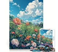 Peony Meadow Comic Style 1000 Pieces Jigsaw Puzzles for Adults Memory Boost Home Pastime Image Assembly Wall Art Decor (38x26cm)