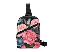 Peony Rose Foldable Sling Bag for Men Women Water Resistant Chest Bag Butterfly Flower Fanny Pack Crossbody Backpack for Travel Hiking Sports