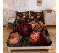 Peony Rose Small Double Fitted Sheet (120x190cm) - 2x Pillowcases - Burgundy Red Microfiber Bedding with Baroque Plants - for Pocket 30cm - Shrinkage Fade Resistant Easy Care