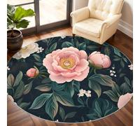 Peony Round Rug 90cm, Peony Circle Rugs, Flowers Rug, Washable Round Carpet for Kitchen Dining Living Room Bathroom Beneath the Furniture