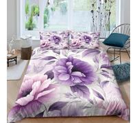 Peony Single Duvet Cover Set 3D Printed Purple Florals Bedding Set Ultra Soft Microfiber Quilt Cover 150x200 cm for Single Bed with 2 Pillowcases with Zipper G/1317