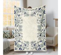 Peony Throw Blanket, Vintage Elegant Butterfly Leaf Spring Navy Furry Fuzzy Blankets Cozy Lightweight Decorative for Couch Sofa Bed Lap Office Chair Desk 60x80 Inch