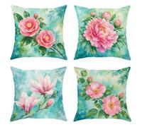 Peony Throw Pillow Covers Set of 4, Floral Watercolor Magnolia Rose Spring Peach with Hidden Zipper Square Pillow Cases for Living Room Apartment Bed Sofa Decor 22x22 Inch