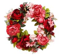 Peony Wreath 16 Inch Artificial Spring Flower Wreath Realistic Blooming Silk Peonies Door Decorative Wreaths Garland Decor for Outdoor Wedding Wall Red Flowers Flower
