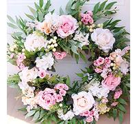 Peony Wreaths, 56cm Large Full Handmade Spring Summer Wreaths with Artificial Champagne Pink Rose Blue Berry Green Leaves for All Year All Seasons Round Outdoor Farmhouse Front Door Decor