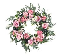 Peony Wreaths, 56cm Large Full Handmade Spring Summer Wreaths with Artificial Pink Rose Blue Berry Green Leaves for All Year All Seasons Round Outdoor Farmhouse Front Door Decor (Pink)