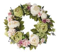 Peony Wreaths for Front Door, 40cm/15.7inch Artificial Floral Wreaths for Front Door, Faux Peony Spring Wreath, Summer Door Wreath Ornament for Wall Wedding Window Decor (Green)