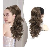PEONYMEBEAUTY 22" Long Wavy Curly Ponytail Extension,Multi-layered Fluffy Thick Drawstring Ponytail Natural Soft Synthetic Hair Pieces for Women Clip in Medium Brown