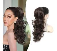 PEONYMEBEAUTY 22" Long Wavy Curly Ponytail Extension,Multi-layered Fluffy Thick Drawstring Ponytail Natural Soft Synthetic Hair Pieces for Women Clip in Soft Brown