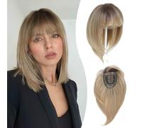 Peonymebeauty 360°Clip in Fringe Hair Topper, 4"X5" Base Hair Toppers with Bangs for Women Synthetic 12 Inch Natural Straight Short Bob Hairpieces Wiglets Ladies for Daily Wear(Ombre Brown Blonde)