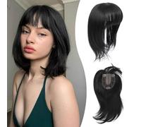 Peonymebeauty 3D Cover Bangs Hair Toppers for Thinning Hair, 4"X5" Base Topper with Fringe Heat Resistant Synthetic 12 Inch Natural Straight Short Bob Hairpieces for Women Daily Wear(Natural Black)