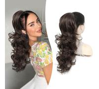 PEONYMEBEAUTY Brown Ponytail Extension, 22" Long Wavy Curly Drawstring Ponytail Extension Multi-layered Fluffy Thick Natural Soft Synthetic Hair Pieces for Women Daily Wear