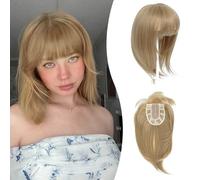 Peonymebeauty Clip in Fringe Hair Toppers, 4"X5" Base Topper with Bangs for Hair Loss Women 12 Inch Natural Synthetic Fiber 3D Cover Bangs for Daily Use Add Volume(Champagne Blonde)