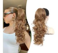 PEONYMEBEAUTY Multi-layered Fluffy Thick Ponytail Extension,22" Long Wavy Curly Drawstring Ponytail Natural Soft Synthetic Hair Pieces for Women Clip in Chocolate Brown With Golden Brown Mixed