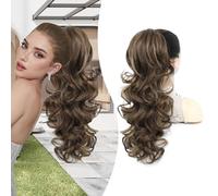 PEONYMEBEAUTY Multi-layered Fluffy Thick Ponytail Extension,22" Long Wavy Curly Drawstring Ponytail Natural Soft Synthetic Hair Pieces for Women Clip in Chocolate Brown With Blonde Highlight