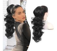 PEONYMEBEAUTY Ponytail Extension,Multi-layered Fluffy Thick Clip in Ponytail Hair Extensions 22" Long Wavy Curly Drawstring Ponytail Natural Soft Synthetic Hair Pieces for Women Clip in Black