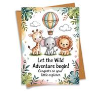 PEONYNFOX Congrats On Your Little Explorer Baby Shower Card Safari Animals Congratulations Greeting For New Parents - Size 6.3"x4.7" Blank Inside with Kraft Envelope