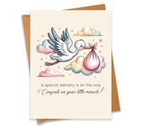PEONYNFOX Congrats On Your Little Miracle Baby Shower Card Stork Baby Delivery Greeting Card Congratulations New Parents - Size 6.3"x4.7" Blank Inside with Kraft Envelope