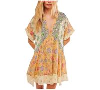 People Free Dupes/Lookalikes, People Free Doop, People Free Hot Shot Mini Dress, People Free Dupe, People Free Movement, Floral Boho Summer Dress Patchwork V Neck Ruffle Y2k Dresses Orange(Color:Yello