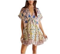 People Free Dupes/Lookalikes, People Free Doop, People Free Hot Shot Mini Dress, People Free Dupe, People Free Movement, Floral Boho Summer Dress Patchwork V Neck Ruffle Y2k Dresses Orange(Color:Beige