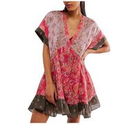 People Free Dupes/Lookalikes, People Free Doop, People Free Hot Shot Mini Dress, People Free Dupe, People Free Movement, Floral Boho Summer Dress Patchwork V Neck Ruffle Y2k Dresses Orange(Color:Pink,