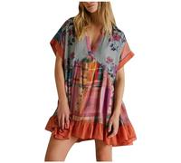 People Free Dupes/Lookalikes, People Free Doop, People Free Hot Shot Mini Dress, People Free Dupe, People Free Movement, Floral Boho Summer Dress Patchwork V Neck Ruffle Y2k Dresses Orange(Color:Water