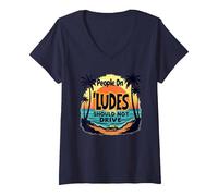 People On Ludes Should Not Drive Tropical Sunset Warning V-Neck T-Shirt, Women, Navy, M