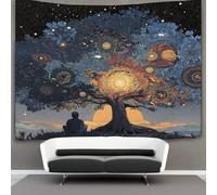 People Sit Under The Big Banyan Tree, with Stars And Sun Tapestry, Art Wall Hanging Decoration for Living Room Bedroom & Dorm 100cmx150cm