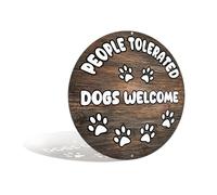 "People Tolerated Dogs Welcome" Rustic Wood-Grain Metal Aluminum Sign Wall Decor for Living Room, Entryway, Back Porch, Dog Room, Home Office - 8x8 Inches Humorous Pet Decor (26019)