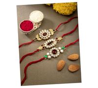 Peora Rakhshabandhan Thread Rakhi for Brother Bhaiya | Kundan Beads & Crystal Studded | Red Green White | Combo Pack of 3 | Rakhi Hamper Roli Chawal & Greeting Card